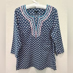 TALBOTS | Blue Boho Embroidered Tunic Top 100% Cotton | Size Medium